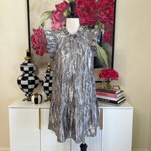 Marie Oliver Women's Metallic Paisley Tiered Ruffle Taren Dress Foil Small NWT